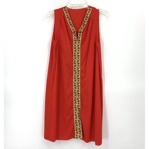 Lorraine Red Nightgown Gold Embroidery Trim Vintage 1960's Nylon Womens Small